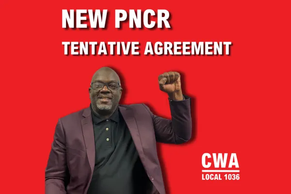 Red background with judiciary member holding fist up, text reading New PNCR Tentative Agreement