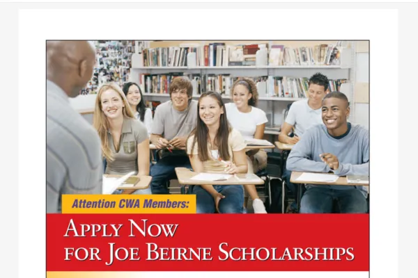 Students sit in a classroom looking at their teacher. Below them is a banner that reads "Apply now for Joe Beirne Scholarships"