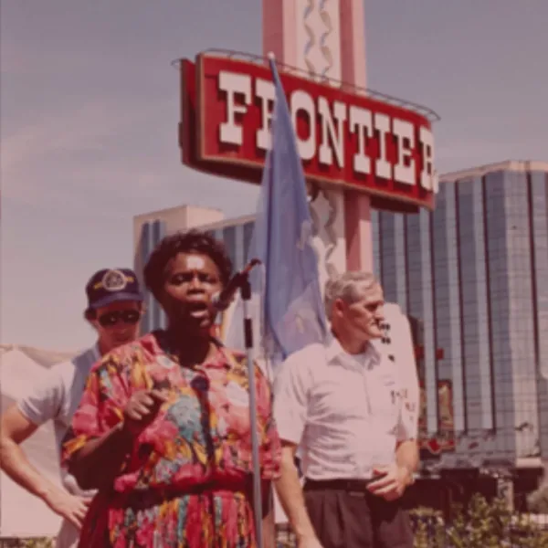 Hattie Canty in front of the Frontier Hotel giving a speech